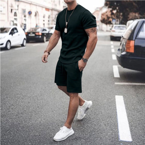 Men'S Short Sleeve T-Shirt and Shorts Set Sport Casual Crew Neck Muscle Sportswear 2 Piece Tracksuit Summer Outfits