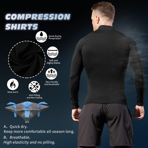 Men'S Compression Shirts Long Sleeve Athletic Workout Tops Gym Undershirts Active Sports Baselayers