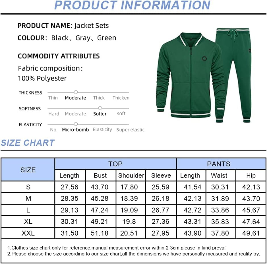 Men'S Activewear Full Zip Warm Tracksuit Sports Set Casual Sweat Suit TZ92 Green M